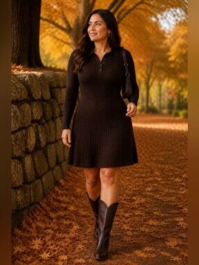 CashSoft Polo Mini Sweater Dress - Brown